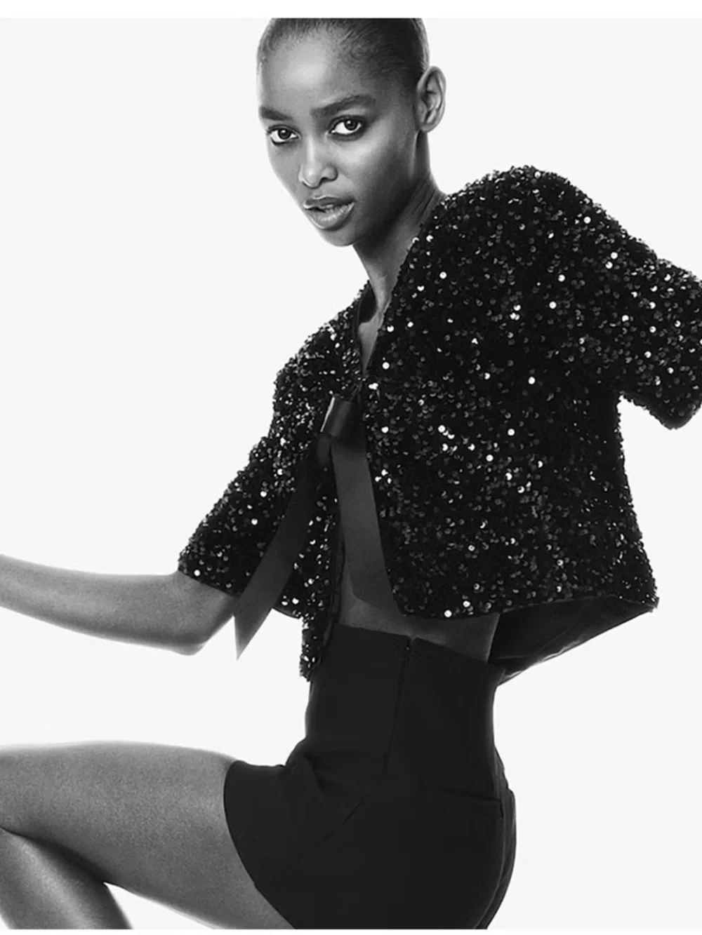 H&M sequined blouse cropped with bow detail in navy blue | size small - Picture 6 of 6